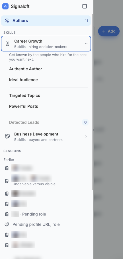 Career Growth skills expanded in the sidebar: authentic author, ideal audience, targeted topics, powerful posts, detected leads