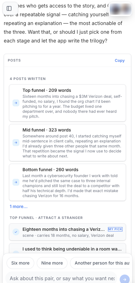 Posts written across the funnel, each with its word count and opening lines
